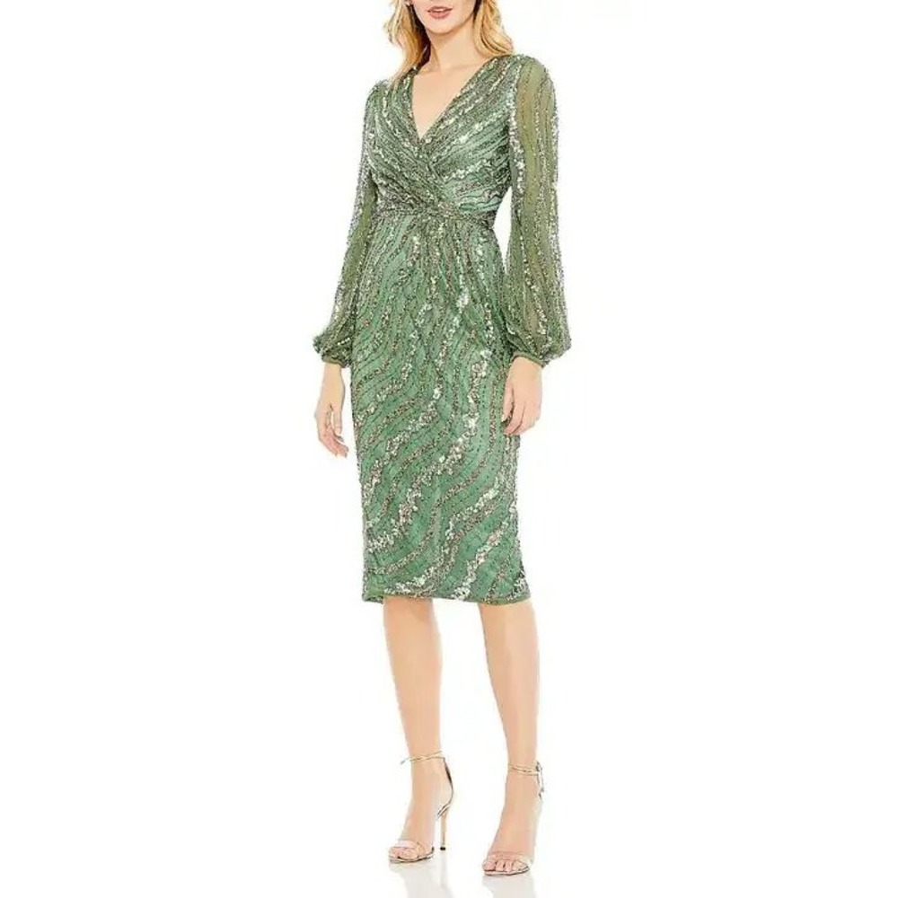 Mac Duggal Midi V Neck Long Sleeve Sequin Bead Dress Green Sz 4 New